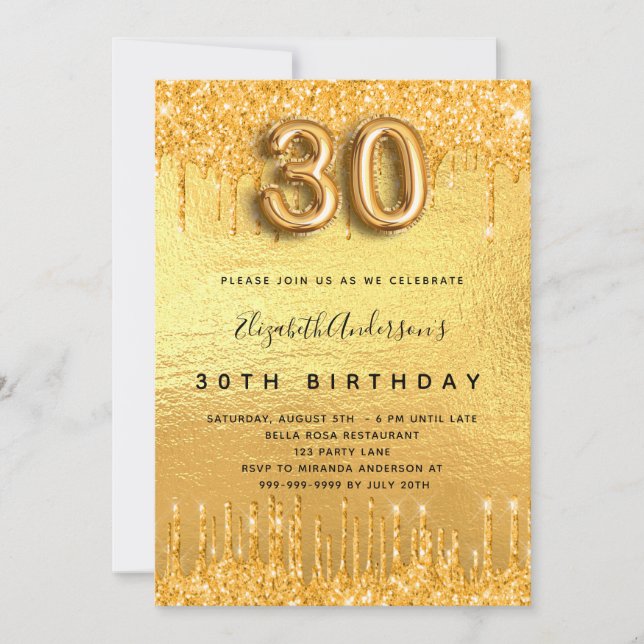 30th birthday party gold glitter drips invitation (Front)