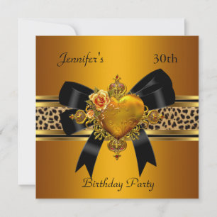 30th Birthday Party Gold Heart Jewel Leopard Invitation