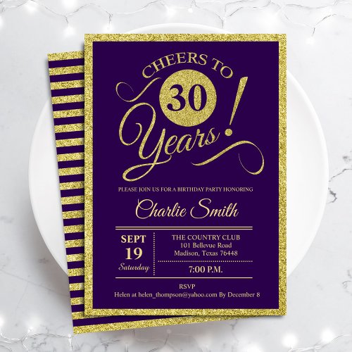 30th Birthday Party _ Gold Purple ANY AGE Invitation