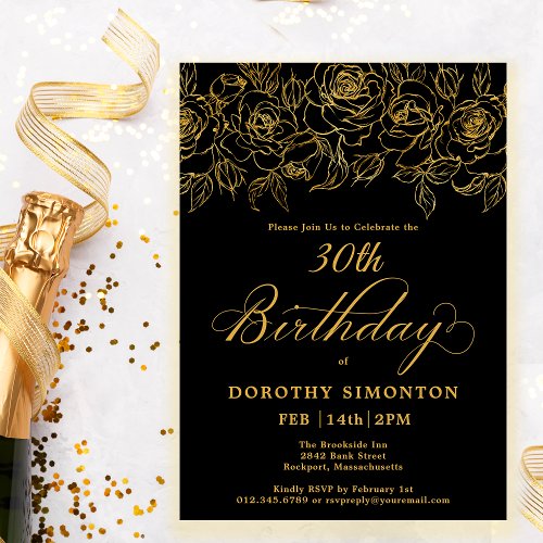 30th Birthday Party Gold Rose Floral Black Invitation