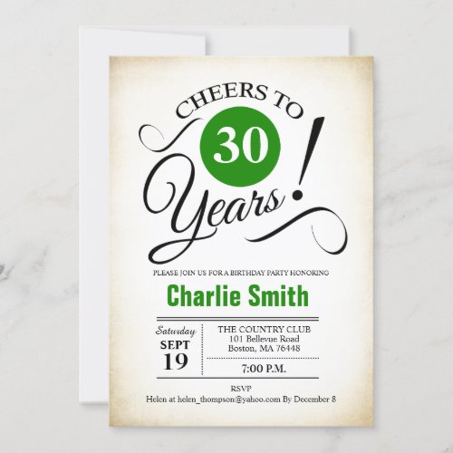 30th Birthday Party _ Green Black White Invitation