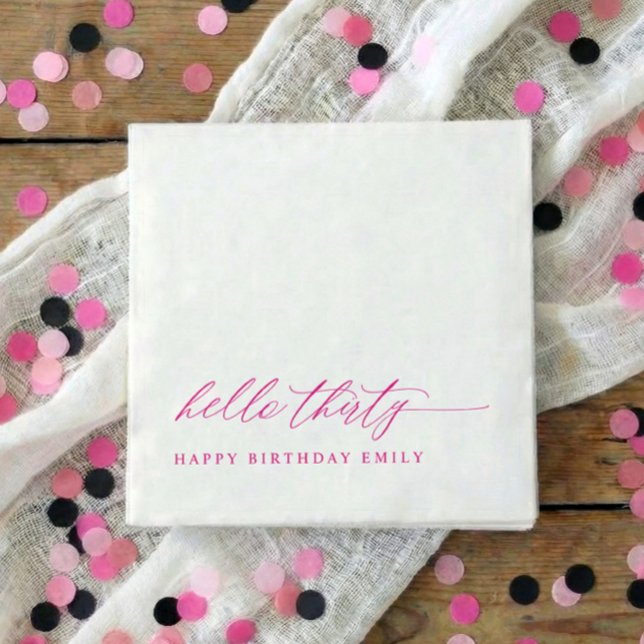 30th Birthday Party Hello 30 Modern Pink Napkins (Pink hello 30 elegant script 30th birthday party napkins)