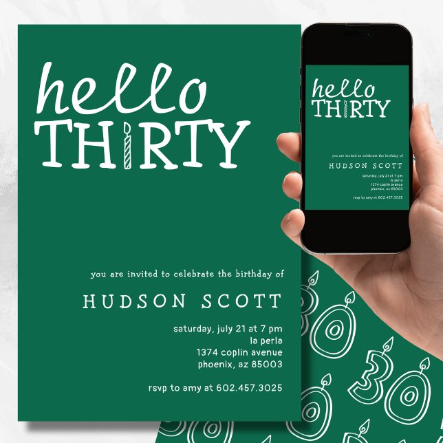  30th Birthday Party Hello Thirty Modern Green Invitation (Creator Uploaded)