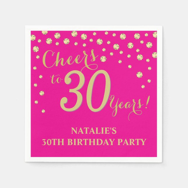 30th Birthday Party Hot Pink and Gold Diamond Napkins (Front)