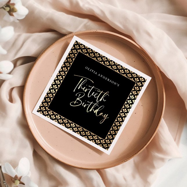 30th Birthday Party in Black White & Gold Script Napkins (Creator Uploaded)