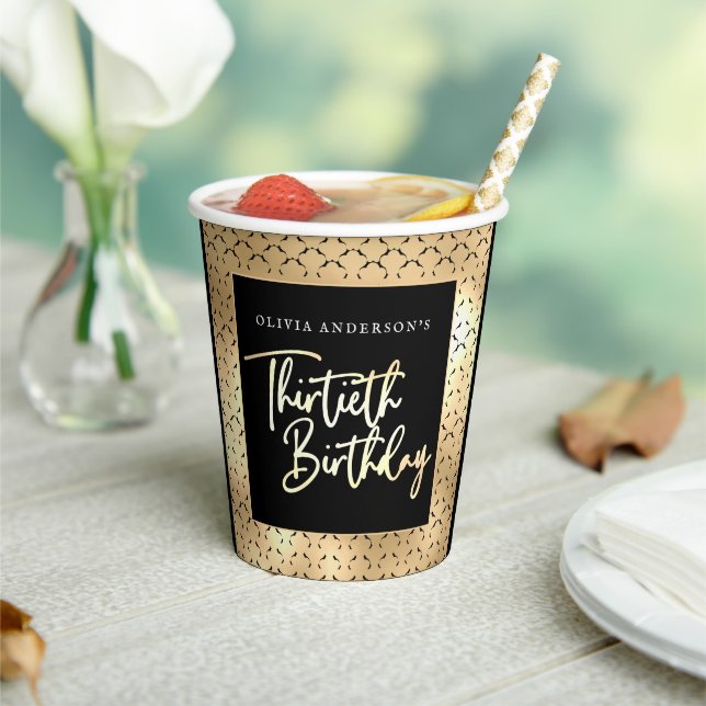 30th Birthday Party in Black White & Gold Script Paper Cups (Insitu)