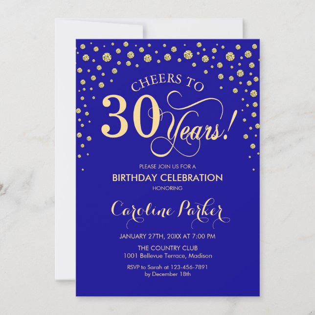 30th Birthday Party Invitation - Blue Gold (Front)