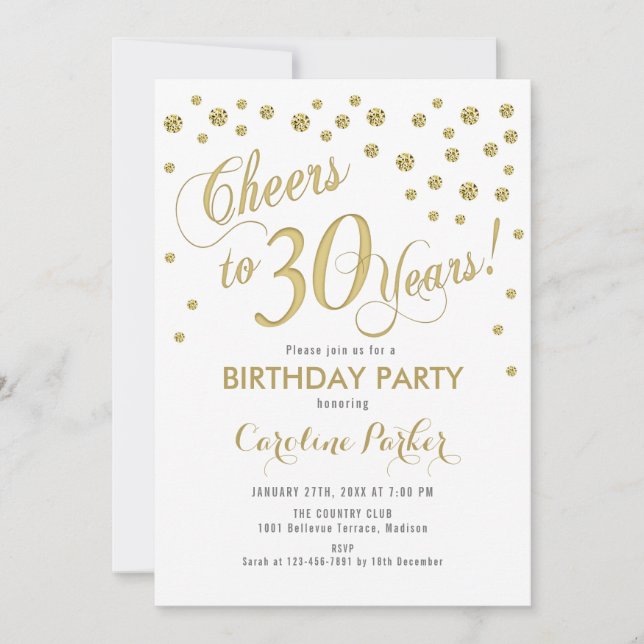 30th Birthday Party Invitation - Gold White (Front)