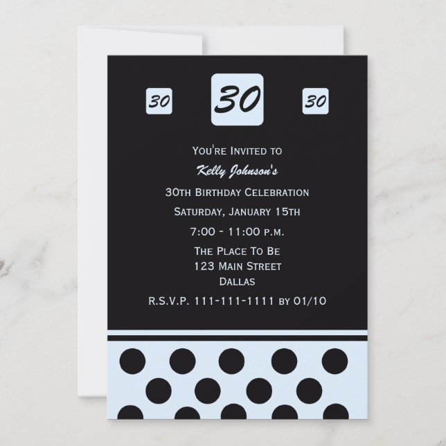 30th Birthday Party Invitation  Modern 30 in Blue (Front)