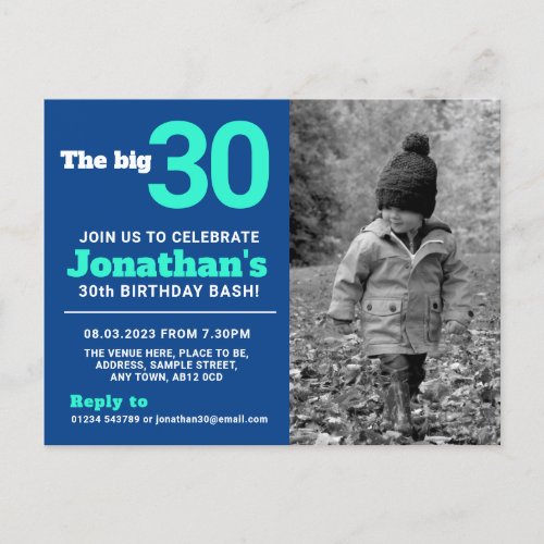 30th Birthday Party Invitation Photo Card Blue
