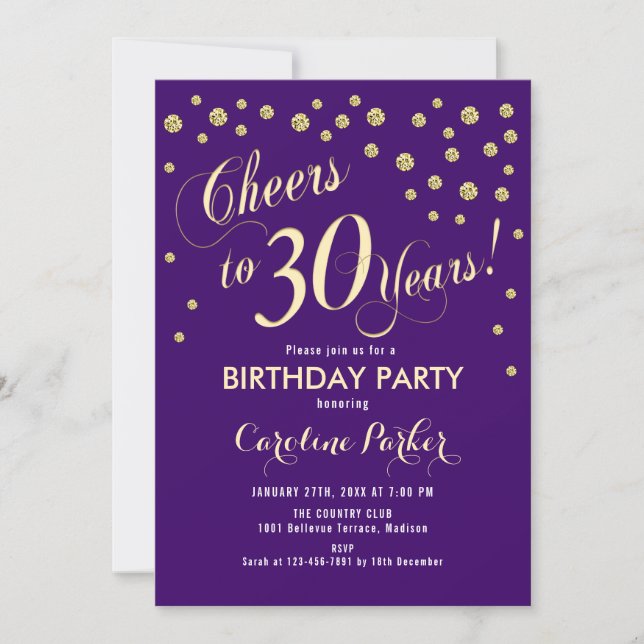 30th Birthday Party Invitation - Purple Gold (Front)