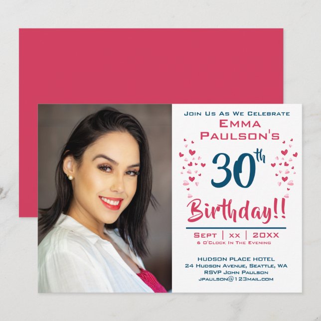 30th Birthday Party Invitation With Photo (Front/Back)