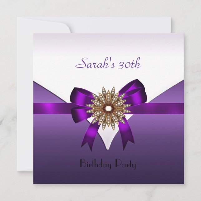 30th Birthday Party Jewel Bow Purple Gold White Invitation (Front)