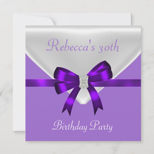 30th Birthday Party Jewel Bow White Purple 2 Invitation (Front)