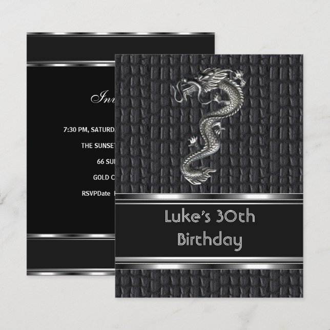 30th Birthday Party Leather Metal Silver Mans Invitation (Front/Back)