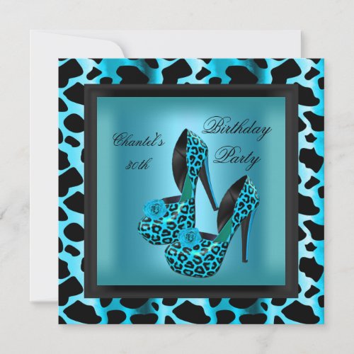 30th Birthday Party Leopard Teal Blue Invitation