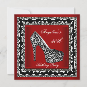 30th Birthday Party Leopard Wild Black White Red Invitation