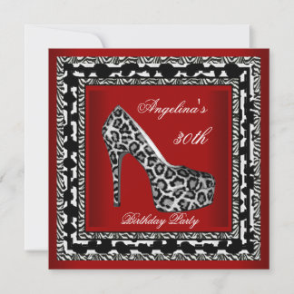 30th Birthday Party Leopard Wild Black White Red Invitation