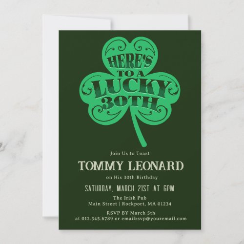 30th Birthday Party Lucky Shamrock Irish Invitation