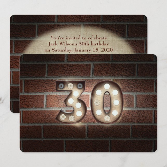 30th Birthday Party-marquee lights on brick Invitation (Front/Back)