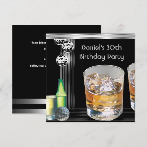 30th Birthday Party Mens Drinks Black Silver Invitations