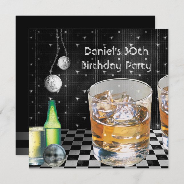 30th Birthday Party Mens Drinks Black Silver male Invitation (Front/Back)