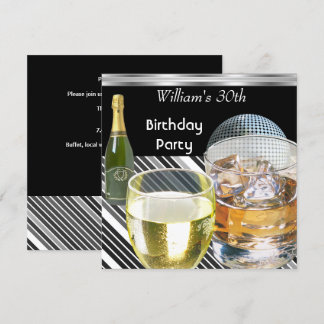 30th Birthday Party Mens Drinks Black Silver Man Invitation