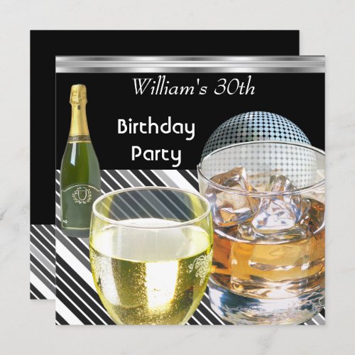 30th Birthday Party Mens Drinks Black Silver Man Invitation