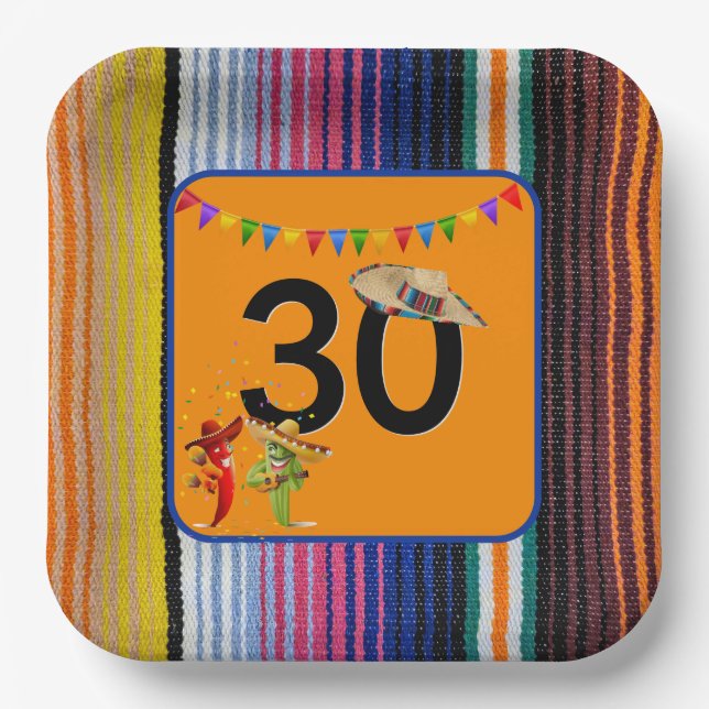 30th Birthday Party Mexican Design Paper Plates (Front)