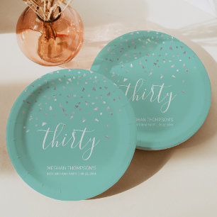 30th Birthday Party Mint Green Silver Confetti Paper Plates