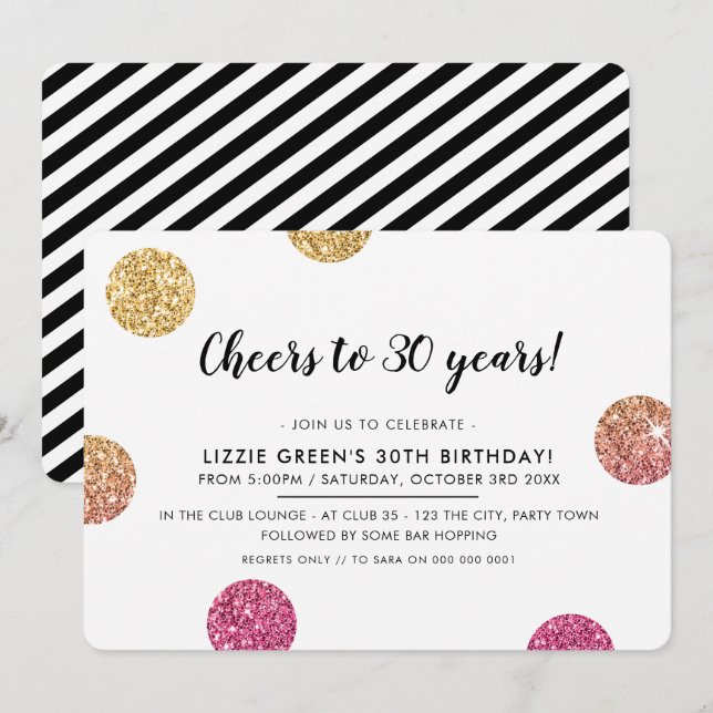 30TH BIRTHDAY PARTY modern gold glitter polka dots Invitation (Front/Back)