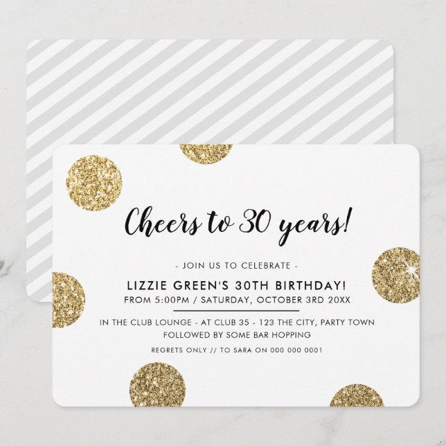 30TH BIRTHDAY PARTY modern gold glitter polka dots Invitation (Front/Back)