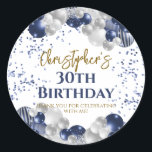 30th Birthday Party Navy Balloons Classic Round Sticker<br><div class="desc">A gorgeous 30th birthday party or celebration favor sticker. This fabulous navy blue and silver balloons design is the perfect  way to decorate your favor bags for an 30th celebration or thirtieth birthday party.</div>