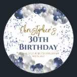 30th Birthday Party Navy Balloons Classic Round Sticker<br><div class="desc">A gorgeous 30th birthday party or celebration favor sticker. This fabulous navy blue and silver balloons design is the perfect  way to decorate your favor bags for an 30th celebration or thirtieth birthday party.</div>