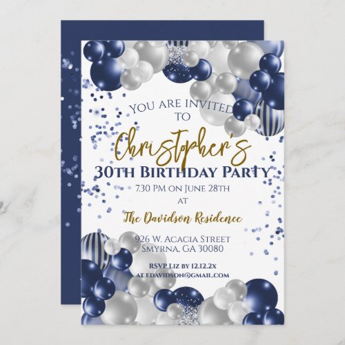 30th Birthday Party Navy Balloons Invitation