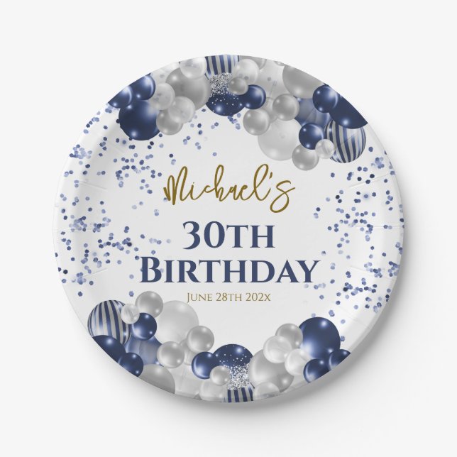 30th Birthday Party Navy Balloons Paper Plates (Front)