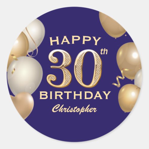 30th Birthday Party Navy Blue and Gold Balloons Classic Round Sticker