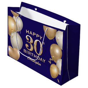 30th Birthday Party Navy Blue and Gold Balloons Large Gift Bag