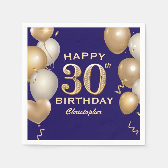 30th Birthday Party Navy Blue and Gold Balloons Napkins (Front)