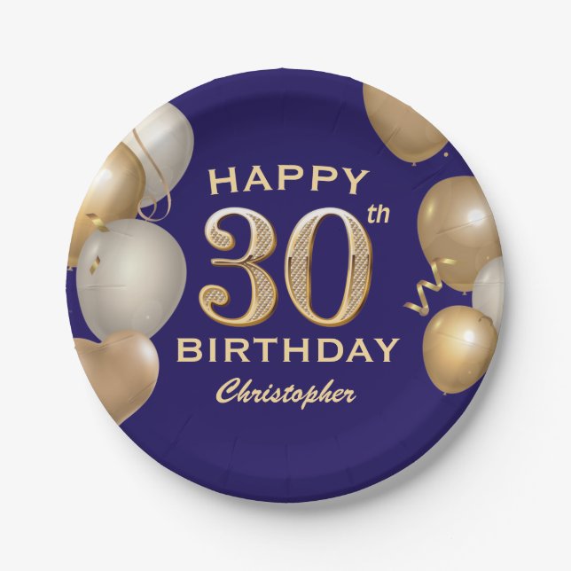 30th Birthday Party Navy Blue and Gold Balloons Paper Plates (Front)