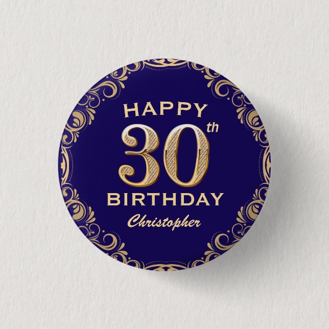 30th Birthday Party Navy Blue and Gold Glitter Button (Front)