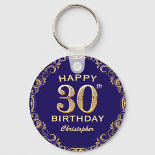 30th Birthday Party Navy Blue and Gold Glitter Keychain