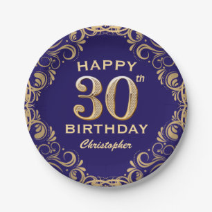 30th Birthday Party Navy Blue and Gold Glitter Paper Plates