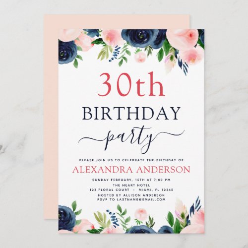 30th Birthday Party Navy Blue Blush Pink Floral Invitation