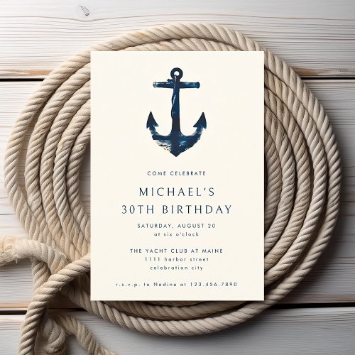 30th Birthday Party Navy Blue Nautical Anchor Invitation