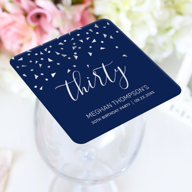 30th Birthday Party Navy Blue Silver Confetti Square Paper Coaster (Creator Uploaded)