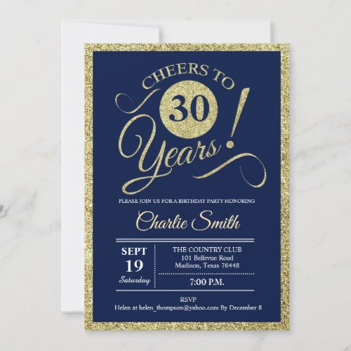 30th Birthday Party _ Navy Gold Invitation