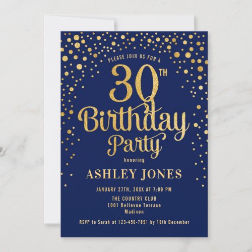 30th Birthday Party _ Navy  Gold Invitation