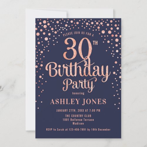 30th Birthday Party _ Navy  Rose Gold Invitation