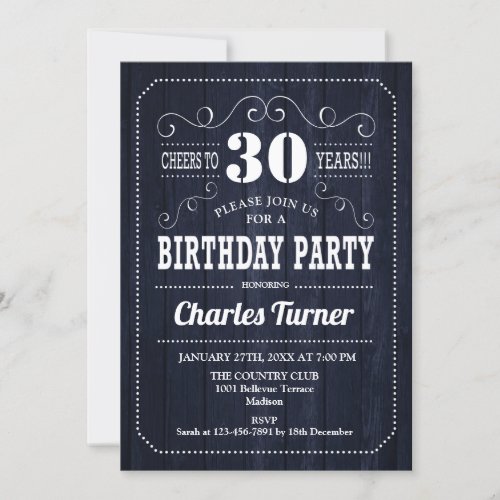 30th Birthday Party _ Navy Wood Pattern Invitation